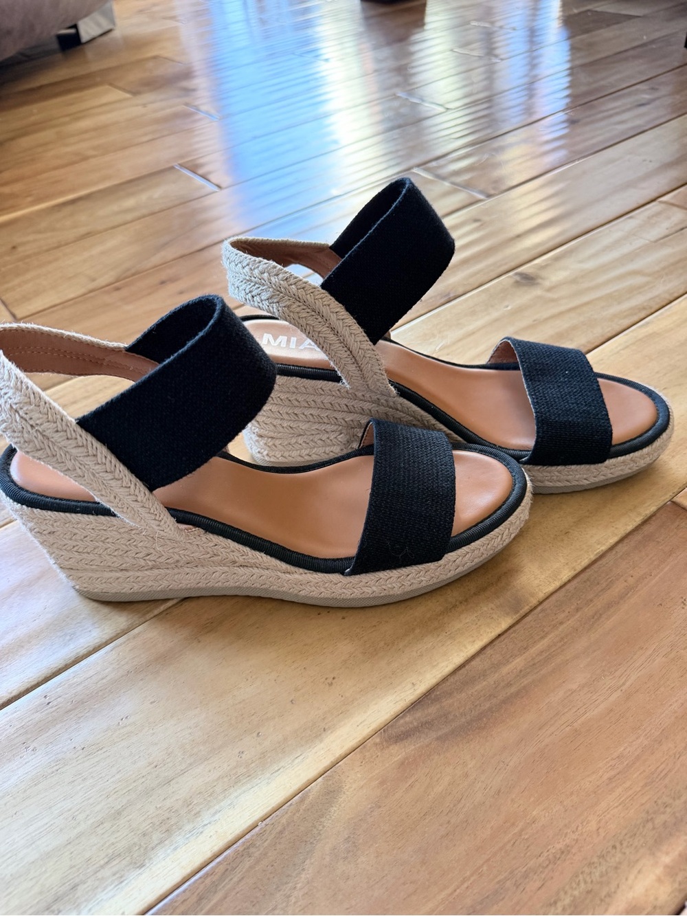 MIA Black and Natural Espadrille Wedge Sandals